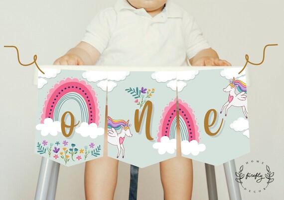 Unicorn High Chair Banner 1st First Birthday Girl High Chair ONE Birthday Banner Party Decorations - Printable Digital Art INSTANT DOWNLOAD