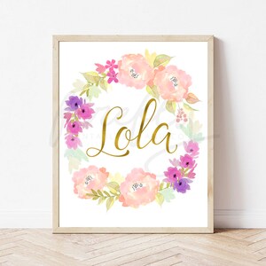 Gold Name and Floral Watercolor Nursery Wall Art Lola - Nursery Wall Art Decor Kids Bedroom Printable Digital Art INSTANT DOWNLOAD
