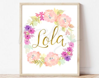 Gold Name and Floral Watercolor Nursery Wall Art Lola - Nursery Wall Art Decor Kids Bedroom Printable Digital Art INSTANT DOWNLOAD