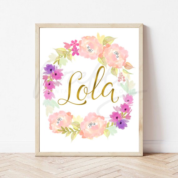 Gold Name and Floral Watercolor Nursery Wall Art Lola - Nursery Wall Art Decor Kids Bedroom Printable Digital Art INSTANT DOWNLOAD