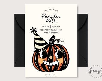 May include: A cream-colored invitation card featuring a black and orange cartoon pumpkin wearing a striped party hat. The text reads: JOIN US AT THE Pumpkin Path, OCT 31, 9:00 PM, 123 SPOOKY BLVD, SALEM, MASSACHUSETTS. The card is placed over a black envelope.