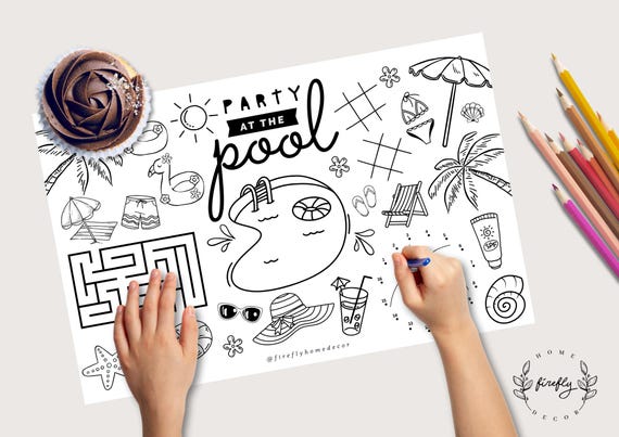 Pool Party Coloring Placemat | Party Activity | Kids Coloring Page | Table Mat | Birthday Games - Printable Digital INSTANT DOWNLOAD