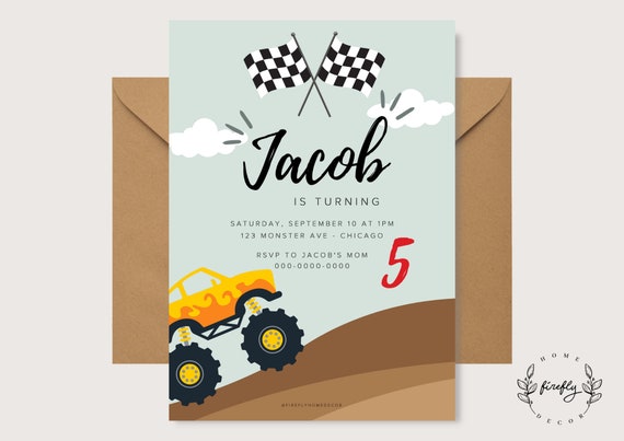 Monster Truck Birthday Invitation Boys Party Birthday Invitation - Printable Digital Art CUSTOM DOWNLOAD