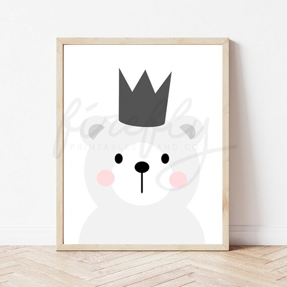 Polar Bear & Crown Dark Grey - Nursery Wall Art Decor Kids Bedroom Printable Digital Art INSTANT DOWNLOAD