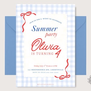 May include: A blue and white gingham-patterned invitation for a summer party. The invitation features the text "Summer party Olivia is turning 4" in red and blue, with a red ribbon design. A blue envelope is behind the invitation.