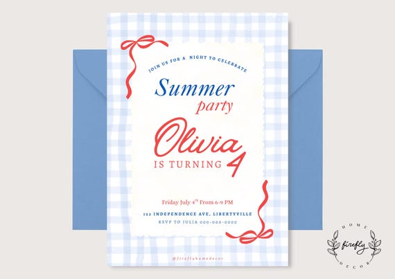 Light Blue Gingham Red Bow Party Birthday Invitation Girl - Boys USA Patriotic Red Blue White - Printable Digital Art CUSTOM DOWNLOAD