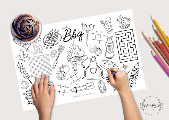 Bbq Party Placemat | Party Activity | Kids Coloring Page | Table Mat | Birthday USA Patriotic Games - Printable Digital INSTANT DOWNLOAD