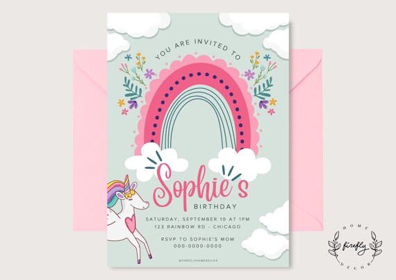Unicorn Birthday Invitation Girl Party Birthday Invitation - Printable Digital Art CUSTOM DOWNLOAD