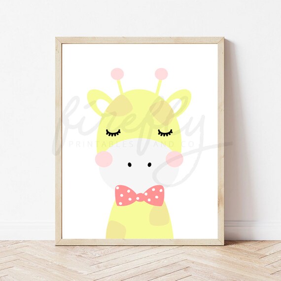 Giraffe Yellow & Ribbon Pink - Nursery Wall Art Decor Kids Bedroom Printable Digital Art INSTANT DOWNLOAD