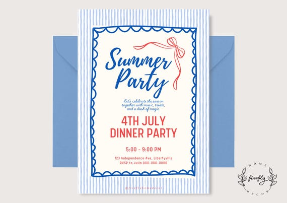 Blue Stripes and Red Bow Party Birthday Invitation Girl - Boys Patriotic USA Red Blue White - Printable Digital Art CUSTOM DOWNLOAD