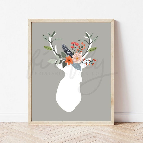 Deer Head & Flowers Grey - Nursery Wall Art Decor Kids Bedroom Printable Digital Art INSTANT DOWNLOAD