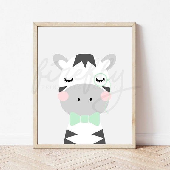 Zebra Ribbon & Monocle Glass Mint - Nursery Wall Art Decor Kids Bedroom Printable Digital Art INSTANT DOWNLOAD