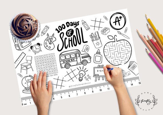 100 Days of School Coloring Placemat | Party Activity | Kids Coloring Page | Table Mat | Birthday Games - Printable Digital INSTANT DOWNLOAD