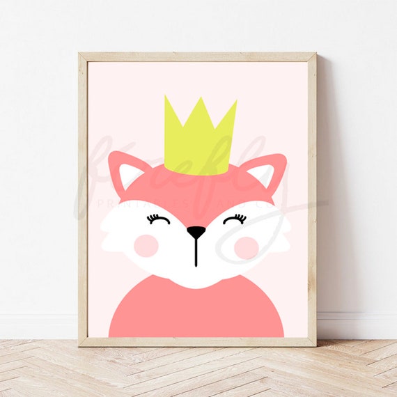 Fox Pink & Crown Yellow - Nursery Wall Art Decor Kids Bedroom Printable Digital Art INSTANT DOWNLOAD