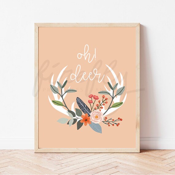 Oh! Deer Antler Flowers White & Peach - Nursery Wall Art Decor Kids Bedroom Printable Digital Art INSTANT DOWNLOAD