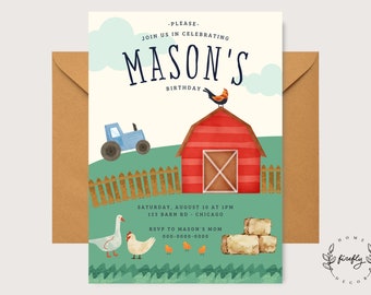 Puede incluir: Una invitación de cumpleaños con temática de granja con un granero rojo, un tractor azul, un gallo y una cerca. La invitación dice "Por favor, únase a nosotros para celebrar el cumpleaños de Mason" e incluye la fecha, la hora y el lugar de la fiesta.