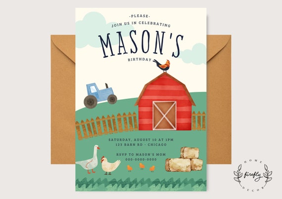 Farm Birthday Invitation Boys Party Birthday Invitation - Printable Digital Art CUSTOM DOWNLOAD