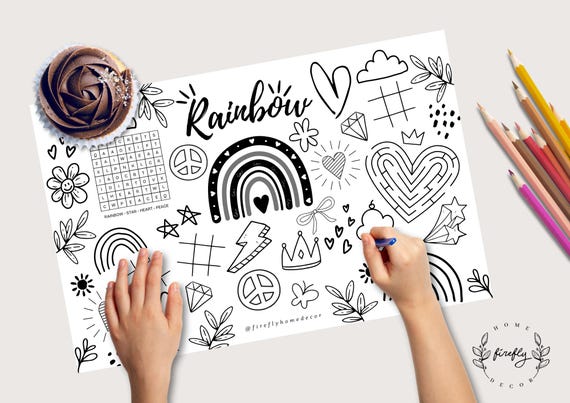 Boho Rainbow Coloring Placemat | Party Activity | Kids Coloring Page | Table Mat | Birthday Games - Printable Digital INSTANT DOWNLOAD