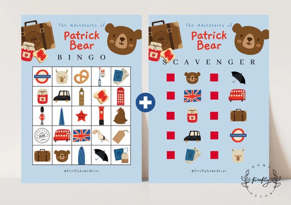 London Bear Cub Bingo / Scavenger Hunt Checklist Game Boys Peru Bear Party Birthday Activity - Printable Digital Art INSTANT DOWNLOAD