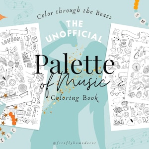 May include: A light blue background features the text "Color through the Beats" and "The Unofficial Palette of Music Coloring Book." Several black and white doodle art pages are displayed, with the word "London" on one. Decorative elements include musical notes and stars.