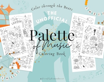 Peut inclure: Fond bleu clair avec le texte "Color through the Beats" et "The Unofficial Palette of Music Coloring Book". Plusieurs pages de dessins au trait en noir et blanc sont affichées, avec le mot "London" sur l'une d'elles. Des éléments décoratifs incluent des notes de musique et des étoiles.