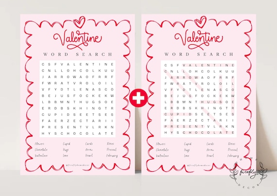 Valentine's Day Word Search / Crosswords + Solution Game Girls Valentines Party Birthday Activity - Printable Digital Art INSTANT DOWNLOAD