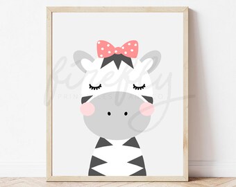 Zebra & Ribbon Pink - Nursery Wall Art Decor Kids Bedroom Printable Digital Art INSTANT DOWNLOAD