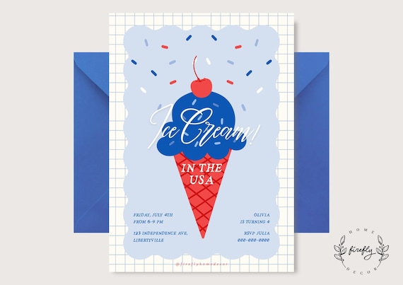 Patriotic Ice Cream Party Birthday Invitation Girl - Boys USA Patriotic Red Blue White - Printable Digital Art CUSTOM DOWNLOAD