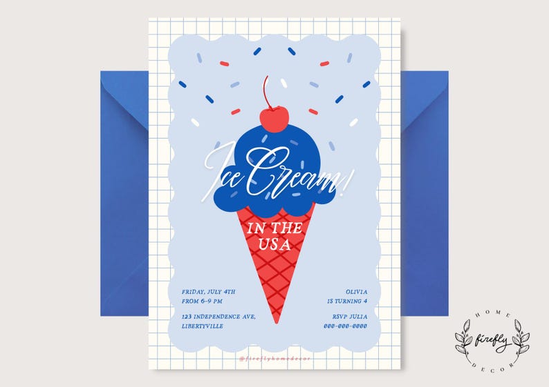 Pu&ograve; includere: Un invito con un design a cono gelato blu e le parole "Ice Cream! In the USA". L'invito &egrave; su sfondo bianco con una busta blu. L'invito include i dettagli dell'evento.