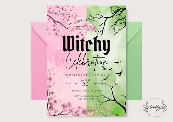 Wizard Green and Pink Witch Birthday Invitation Girl Witch Party Birthday Invitation - Printable Digital Art CUSTOM DOWNLOAD