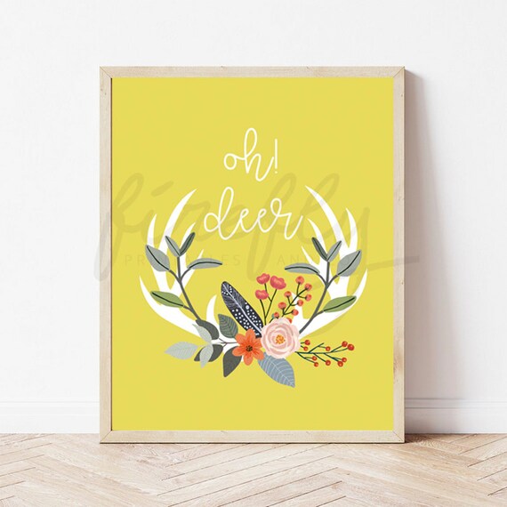 Oh! Deer Antler Flowers White & Yellow - Nursery Wall Art Decor Kids Bedroom Printable Digital Art INSTANT DOWNLOAD