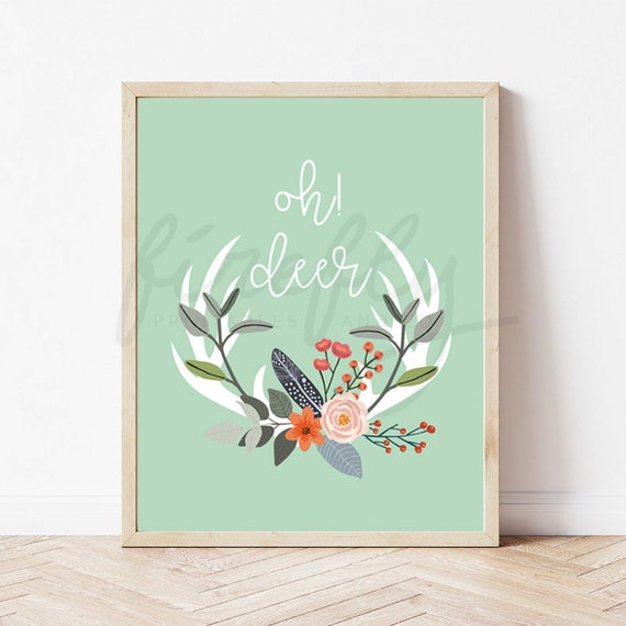 Oh! Deer Antler Flowers White & Mint - Nursery Wall Art Decor Kids Bedroom Printable Digital Art INSTANT DOWNLOAD