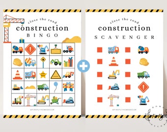 May include: Two printable construction themed game cards. The first card is a bingo card with images of construction vehicles, tools, and equipment. The second card is a scavenger hunt card with images of construction vehicles, tools, and equipment. Both cards have the text "close the road construction" at the top.