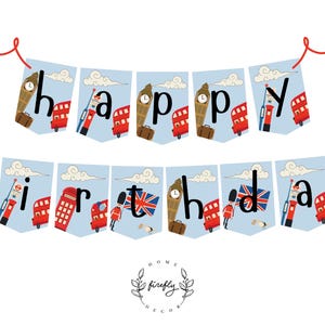 Striscione di buon compleanno con orsetto di Londra, striscione di compleanno con orsetto del Perù per bambini, decorazioni per feste - Arte digitale stampabile, DOWNLOAD IMMEDIATO