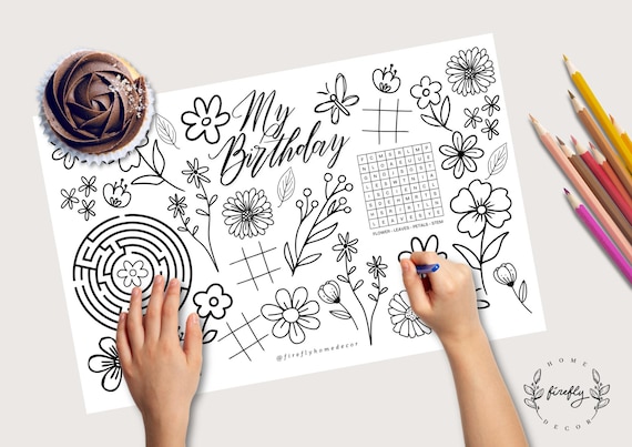 Flowers Placemat | Party Activity | Kids Coloring Page | Table Mat | Birthday Girl Flowers Games - Printable Digital INSTANT DOWNLOAD