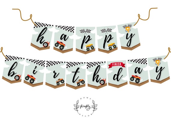 Monster Truck Happy Birthday Banner Boys Monster Truck Birthday Banner Party Decorations - Printable Digital Art INSTANT DOWNLOAD