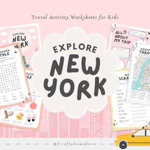 Puede incluir: Un conjunto de hojas de trabajo imprimibles para niños con actividades relacionadas con la exploración de la ciudad de Nueva York. Las hojas de trabajo incluyen una búsqueda de palabras, un mapa de Nueva York, una lista de empaque y un diario de "todo sobre mi viaje".