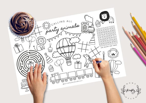 Party Animals Coloring Placemat | Party Activity | Kids Coloring Page | Table Mat | Birthday Games - Printable Digital INSTANT DOWNLOAD