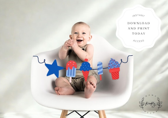 Patriotic Ice Cream Red Blue Banner Girls - Boys Patriotic Party Birthday Banner Party Decorations - Printable Digital Art INSTANT DOWNLOAD