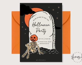 May include: A rectangular Halloween party invitation card featuring a skeleton with a pumpkin head sitting before a tombstone against a black background with an orange moon and stars. Text reads: We're dying to see you, Halloween Party, Oct 31, 9:00 PM, 123 Spooky Blvd, Salem Massachusetts.