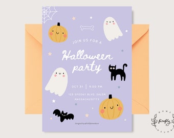 May include: Purple invitation with a white border, featuring a Halloween party theme with illustrations of ghosts, pumpkins, bats, and a black cat. The text reads "Join us for a Halloween party" with the date and time of the party, "Oct 31 | 9:00 PM", and the address, "123 Spooky Blvd, Salem, Massachusetts". The invitation is designed by "Home Firefly Decor".