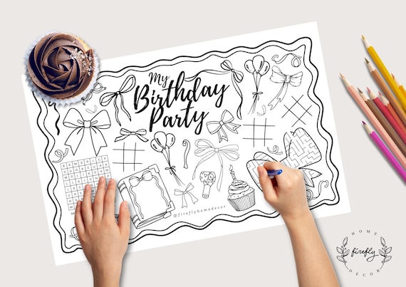Bow Party Placemat | Party Activity | Kids Coloring Page | Table Mat | Birthday Coquette Party Games - Printable Digital INSTANT DOWNLOAD