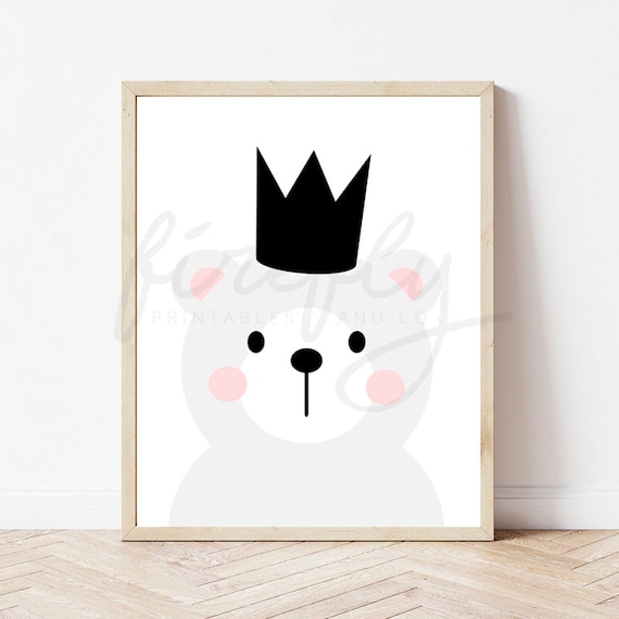 Polar Bear & Crown Black - Nursery Wall Art Decor Kids Bedroom Printable Digital Art INSTANT DOWNLOAD