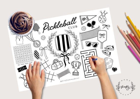Pickleball Coloring Placemat | Party Activity | Kids Coloring Page | Table Mat | Birthday Games - Printable Digital INSTANT DOWNLOAD