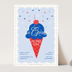 Pu&ograve; includere: Un invito a tema gelato con una pallina blu, un cono rosso e una ciliegia. Il testo dice "Ice Cream! In the USA" con i dettagli dell'evento. Lo sfondo &egrave; una griglia azzurra.