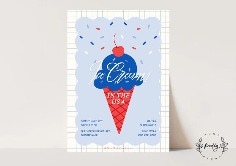 Pu&ograve; includere: Un invito a tema gelato con una pallina blu, un cono rosso e una ciliegia. Il testo dice "Ice Cream! In the USA" con i dettagli dell'evento. Lo sfondo &egrave; una griglia azzurra.