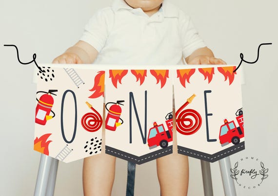 Firetruck High Chair Banner 1st First Birthday Boys High Chair ONE Birthday Party Decorations - Printable Digital Art INSTANT DOWNLOAD