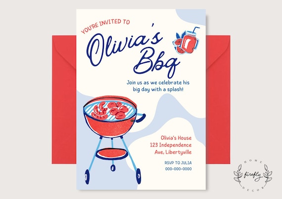 Red and Blue Bbq Party Birthday Invitation Girl - Boys USA Patriotic Red Blue White - Printable Digital Art CUSTOM DOWNLOAD