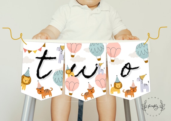 Party Animals High Chair Banner 2nd Second Birthday Girl High Chair TWO Banner Party Decorations - Printable Digital Art INSTANT DOWNLOAD