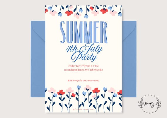 Patriotic Summer Flowers Party Birthday Invitation Girl - Boys USA Patriotic Red Blue White - Printable Digital Art CUSTOM DOWNLOAD